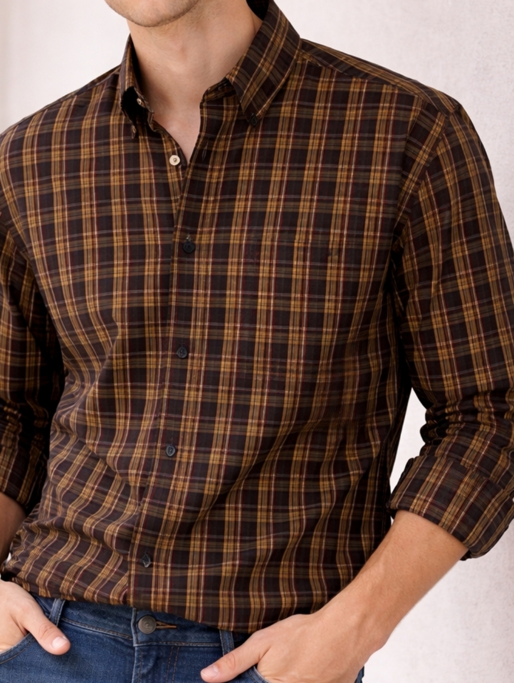 Arrow Brown and Yellow Plaid Button-Down Shirt # 213
